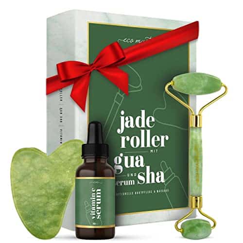 Jade Roller mit Vitamin C Serum & Gua Sha - Massage gegen Augenringe & Falten - Anti Aging Pflege Set mit Premium Gesichtsroller - 100% Jade Stein Beauty Rolle für Gesicht - Massagegerät