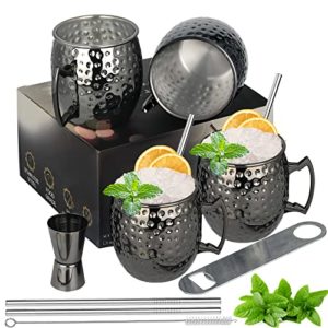 Moscow Mule Mugs - Set mit 4 schwarzen Bechern aus Edelstahl, 538 ml, Doppel-Messbecher, gekühlte Getränke, Cocktailbecher mit Geschenkbox
