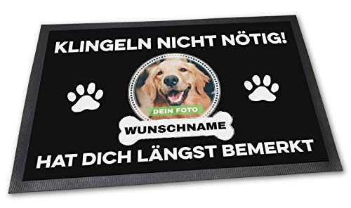 PfotenSchild Fußmatte mit eigenem Hund - Klingeln Nicht nötig - Personalisiert mit WUNSCHFOTO und Wunschname Hundebesitzer - 60 x 40 cm