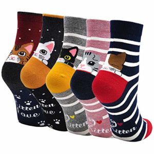Damen Bunte Socken Lustige Socken mit Motiv Karikatur Tier Witzige Niedlich Katze Hund Coole Socken Baumwolle Weihnachten Geschenkideen für Frauen Mädchen 5 Paare, EU 35-42, 1.kätzchen