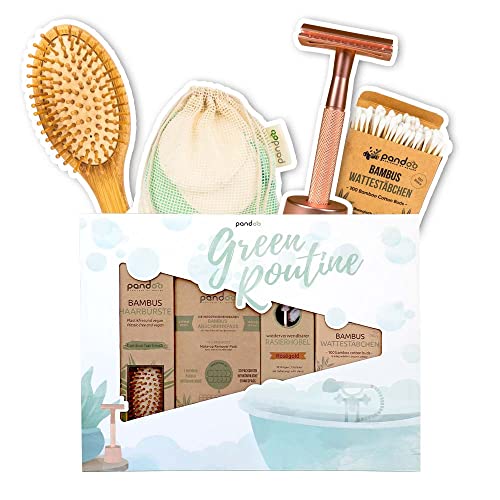 pandoo Bad-Set"Green Routine" | plastikfreies & nachhaltiges Geschenk-Set | Haarbürste, waschbare Abschminkpads, Rasierhobel & Wattestäbchen