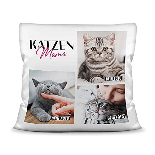 PfotenSchild Katzen Kissen mit Füllung - Fotocollage - Katzenmama - mit DREI Fotos selbst gestalten - Geschenk für Katzenliebhaber - Weiß, 40 x 40 cm