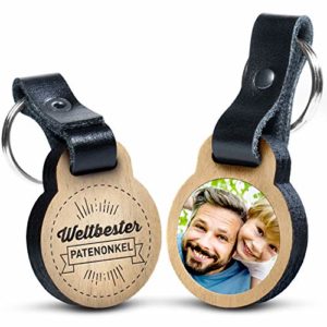 Premium „Weltbester Patenonkel“ - Foto-Schlüsselanhänger aus Eichenholz mit Gravur und kratzfestem Foto in Farbe - personalisierte Geschenkidee