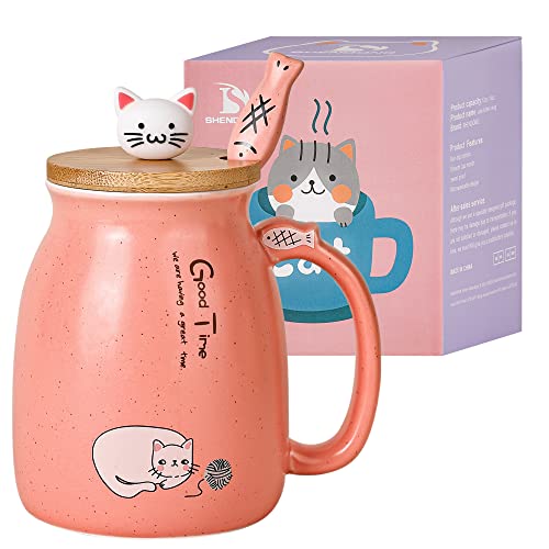 Katze-Becher Süße Kaffeetasse aus Keramik mit Kawaii-Katze Holzdeckel und schöner Löffel aus Edelstahl Neuheit Morning CupKaffee-Milch-Tee-Becher - 3D-Tier Katzen-Tassen für Katzenliebhaber Frau Rosa