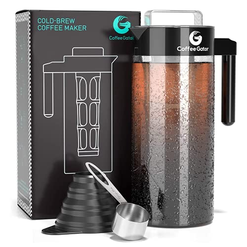 Coffee Gator Cold Brew Kaffeemaschine – BPA-freier Filter und Glaskaraffe – Brühsatz mit Edelstahl-Messlöffel und klappbarem Einfülltrichter – 1,4 Liter – Schwarz