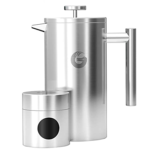 Coffee Gator French Press Kaffeebereiter - Thermo-Kaffeekanne aus Edelstahl für länger heißen Kaffee - 1 Liter – edelstahl - Inkl. Reise-Kaffeedose