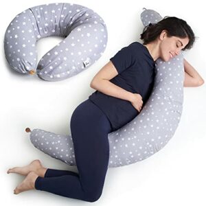 Niimo Stillkissen Schwangerschaftskissen zum schlafen mit Bezug aus 100% Baumwolle für Mutter und Baby (Grau-Weiße Sterne)